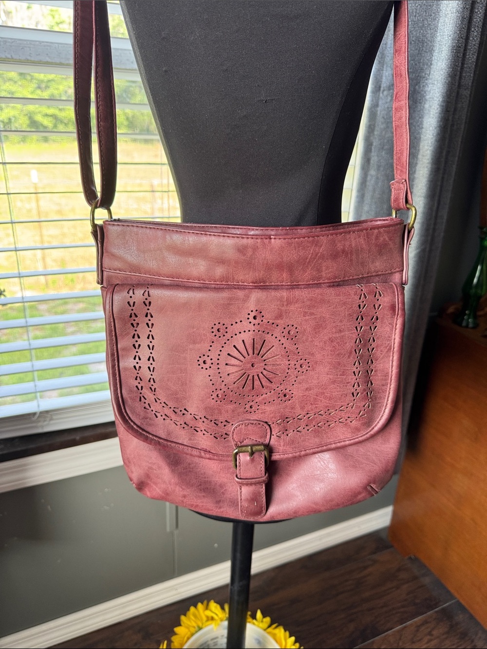 Maurices Burgundy Laser-Cut Floral Crossbody Bag